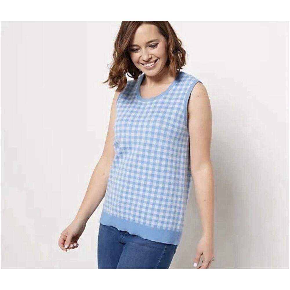 Isaac Mizrahi Live! Sweater Tank Top Gingham Jacquard A475367 Blue XL NWOT